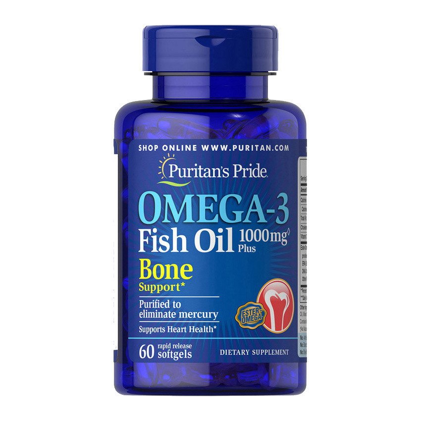 Омега 3 Puritan's Pride Omega-3 Fish Oil 1000 mg Plus Bone Support (60 капс) рыбий жир пуританс прайд,  мл, Puritan's Pride. Омега 3 (Рыбий жир). Поддержание здоровья Укрепление суставов и связок Здоровье кожи Профилактика ССЗ Противовоспалительные свойства 