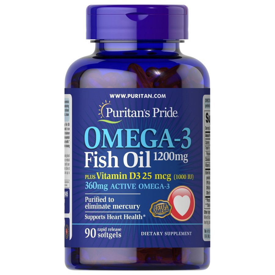Жирные кислоты Puritan's Pride Omega 3 Fish Oil 1200 mg plus Vitamin D3, 90 капсул,  ml, Puritan's Pride. Fats. General Health 