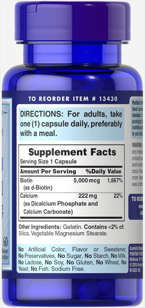 Biotin 5000 mcg60 Capsules,  ml, Puritan's Pride. Vitamins and minerals
