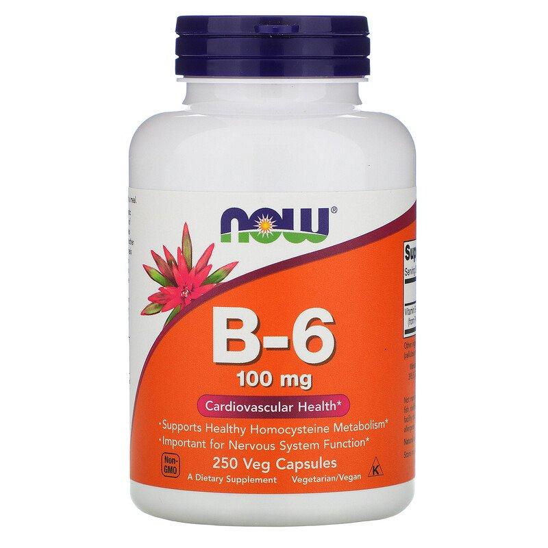 Витамин NOW Foods B-6 100 mg 250 Caps,  мл, Now. Витамины и минералы. Поддержание здоровья Укрепление иммунитета 