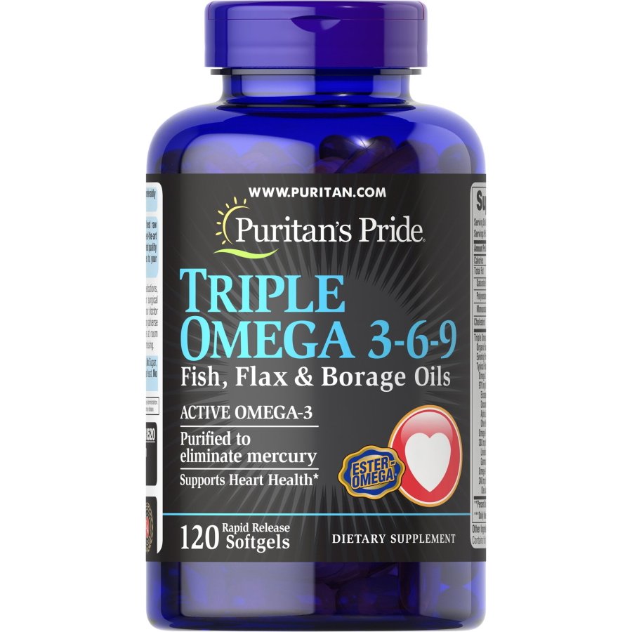 Жирные кислоты Puritan's Pride Triple Omega 3-6-9 Fish, Flax &amp; Borage Oils, 120 капсул,  ml, Puritan's Pride. Fats. General Health 