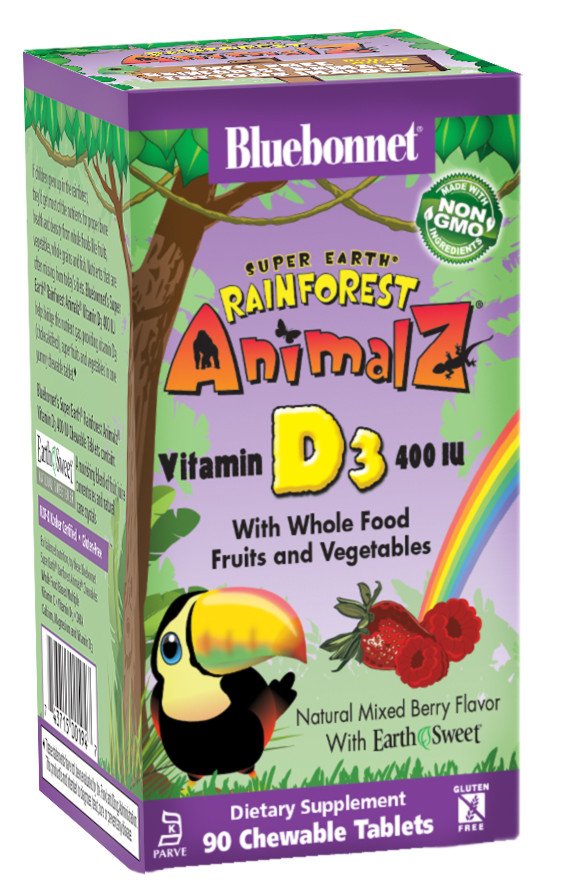 Витамин D3 400IU для Детей, Вкус Ягод, Rainforest Animalz, Bluebonnet Nutrition, 90 жевательных конфет,  ml, Bluebonnet Nutrition. Vitamin D. 