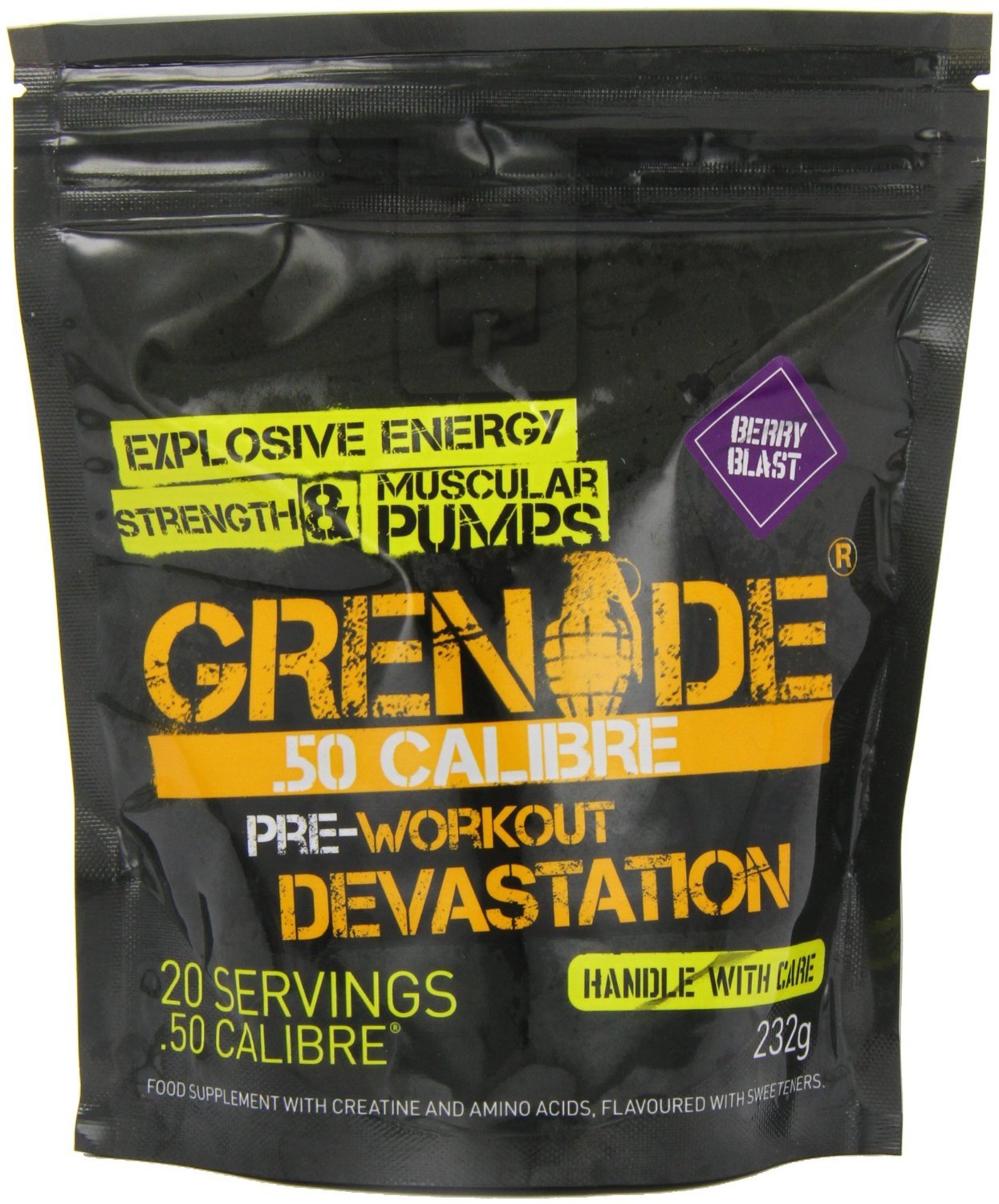 .50 Calibre, 232 g, Grenade. Pre Entreno. Energy & Endurance 