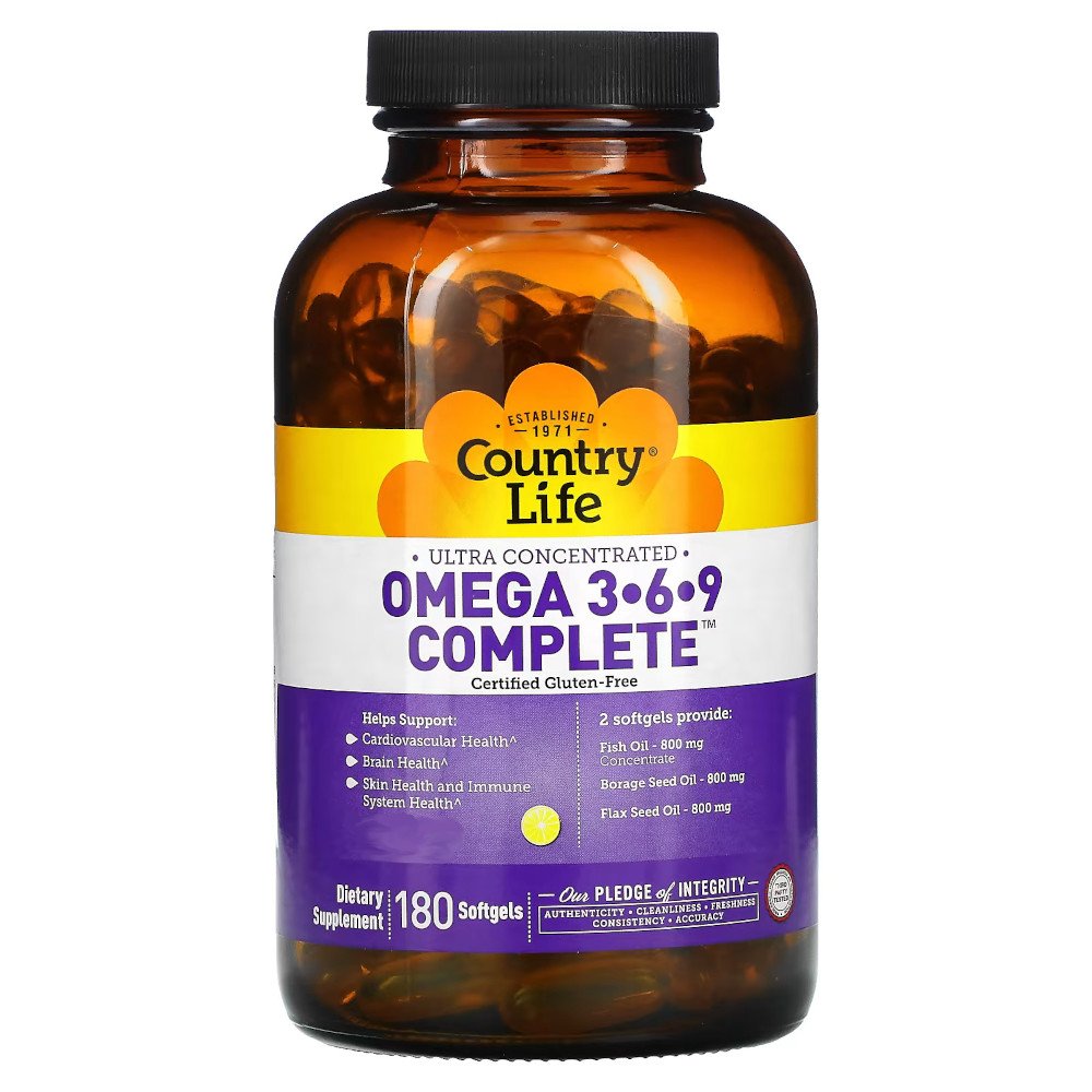 Жирные кислоты Country Life Omega 3-6-9 Complete, 180 капсул,  ml, Country Life. Fats. General Health 