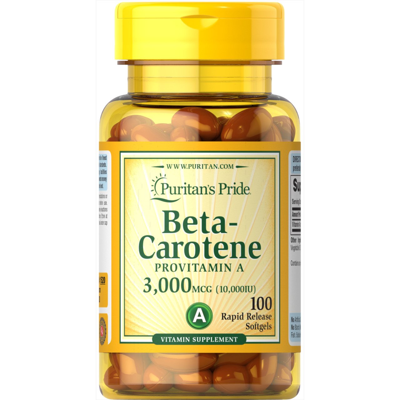 Бета-каротин Puritan's Pride Beta-Carotene Provitamin A 10000 IU 100 Softgels,  ml, Puritan's Pride. Vitamins and minerals. General Health Immunity enhancement 