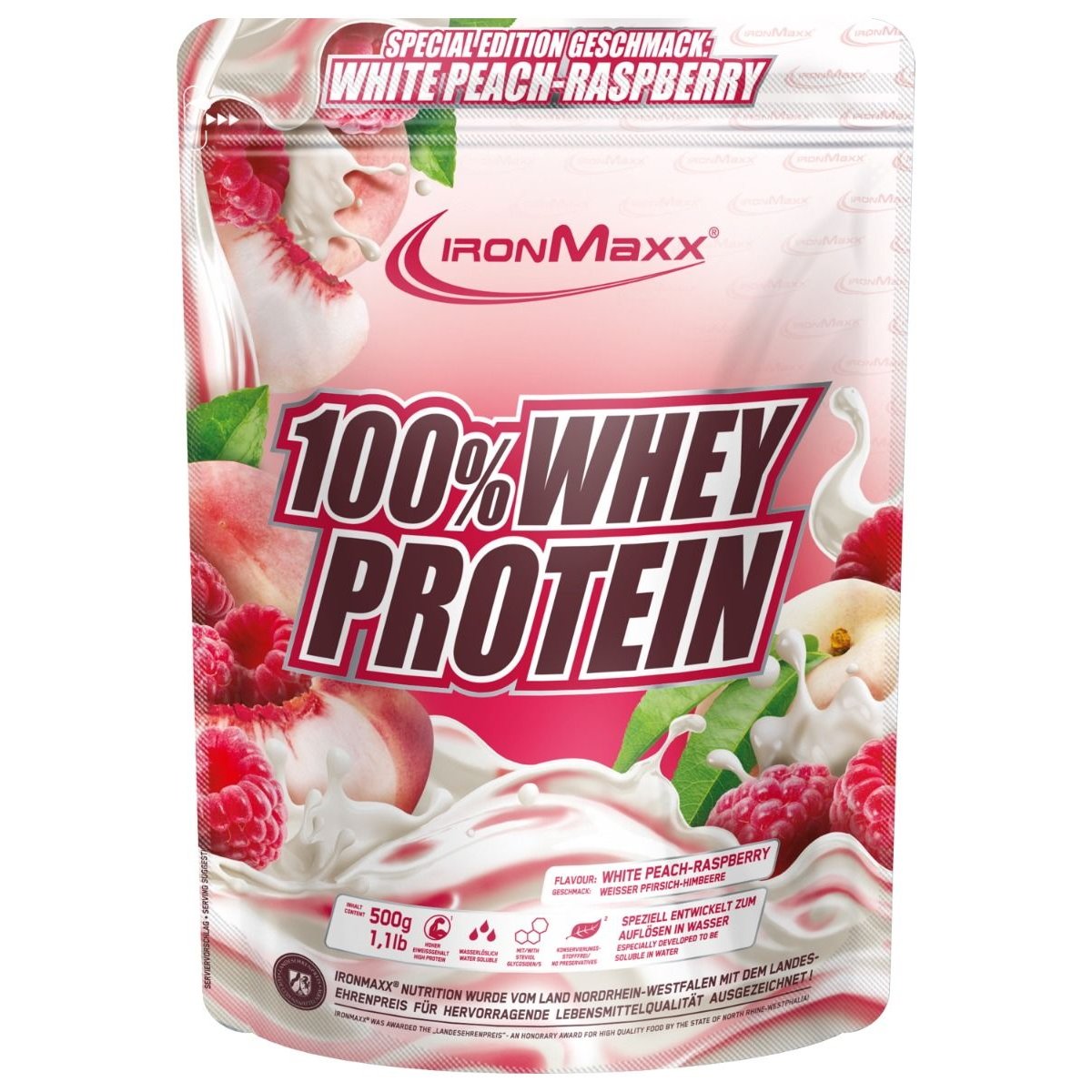 Протеин Ironmaxx 100% Whey Protein, 500 грамм Белый персик-малина,  ml, IronMaxx. Protein. Mass Gain स्वास्थ्य लाभ Anti-catabolic properties 