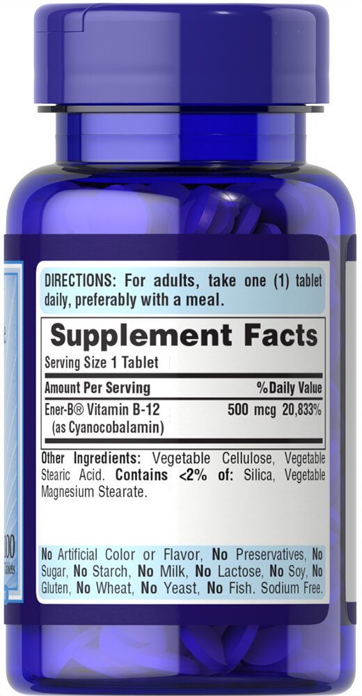 Vitamin B-12 500 mcg100 Tablets,  мл, Puritan's Pride. Витамин B