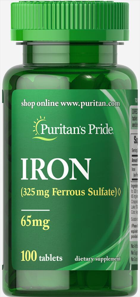 Puritan's Pride Iron Ferrous Sulfate 65 mg, 100 таблеток, , 100 