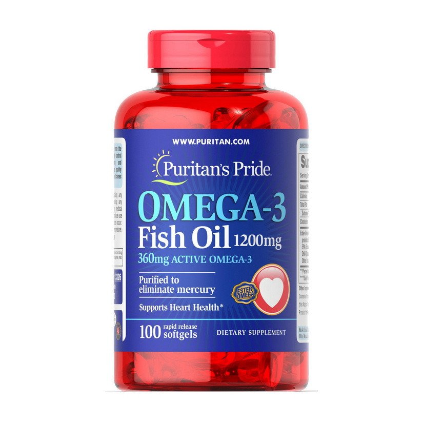 Жирні кислоти Puritan's Pride Omega-3 Fish Oil 1200 mg 100 Softgels,  мл, Puritan's Pride. Омега 3 (Рыбий жир). Поддержание здоровья Укрепление суставов и связок Здоровье кожи Профилактика ССЗ Противовоспалительные свойства 