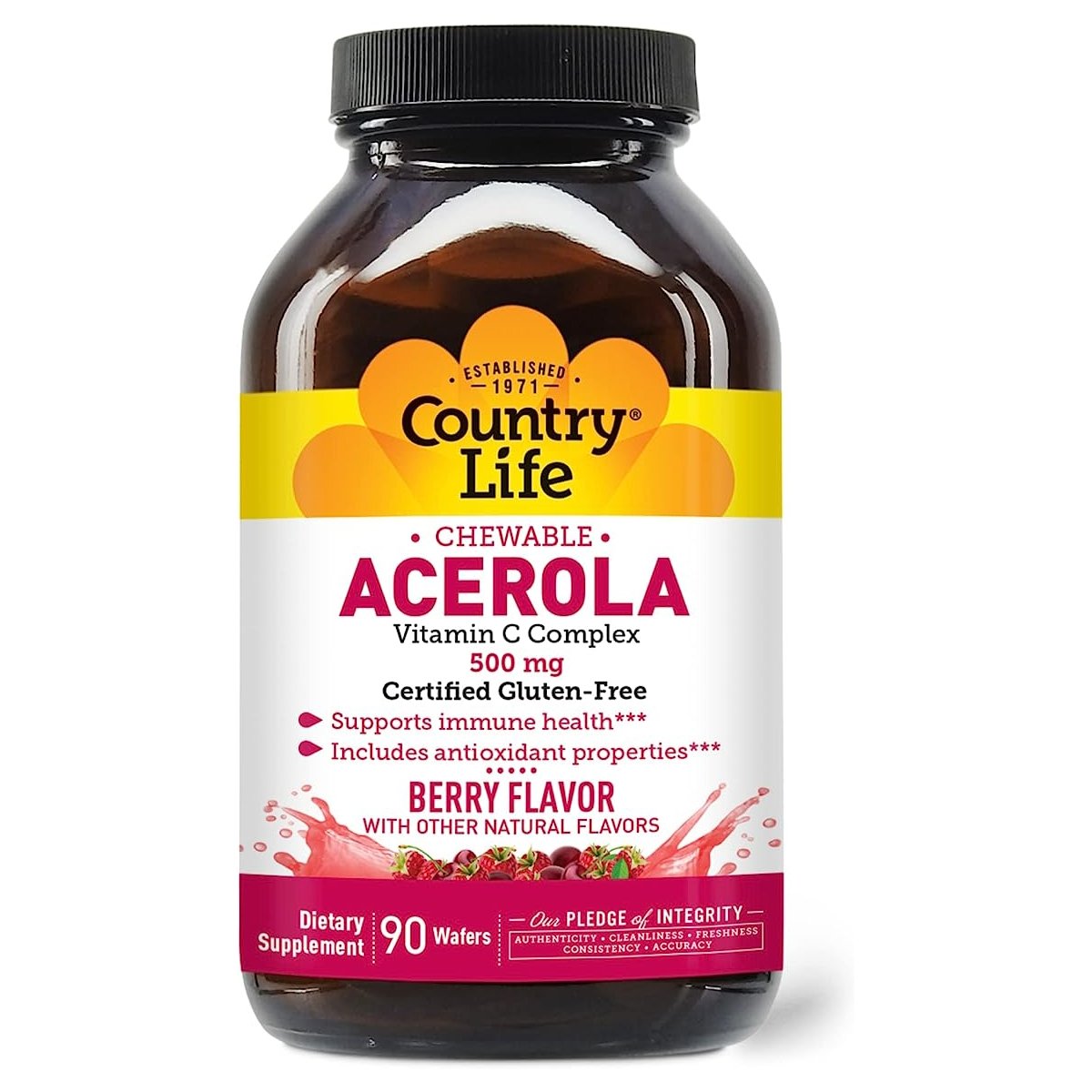 Натуральная добавка Country Life Acerola 500 mg, 90 жевательных таблеток Ягода,  мл, Country Life. Hатуральные продукты. Поддержание здоровья 