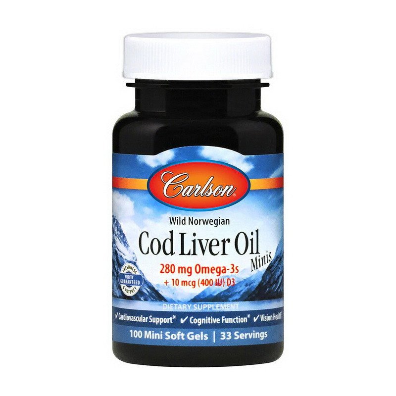 Омега 3 Carlson Labs Cod Liver Oil 280 mg Omega-3s 100 мини капсул,  мл, Carlson Labs. Омега 3 (Рыбий жир). Поддержание здоровья Укрепление суставов и связок Здоровье кожи Профилактика ССЗ Противовоспалительные свойства 