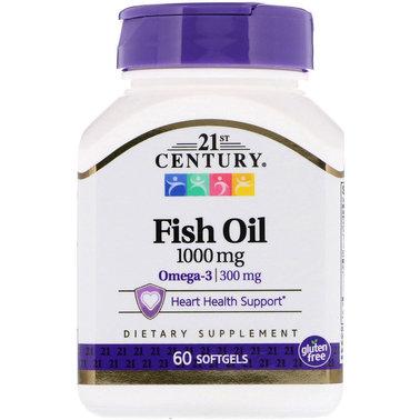 Жирні кислоти 21st Century Fish Oil 1000 mg 60 Softgels,  ml, 21st Century. Omega 3 (Fish Oil). General Health Ligament and Joint strengthening Skin health CVD Prevention Anti-inflammatory properties 