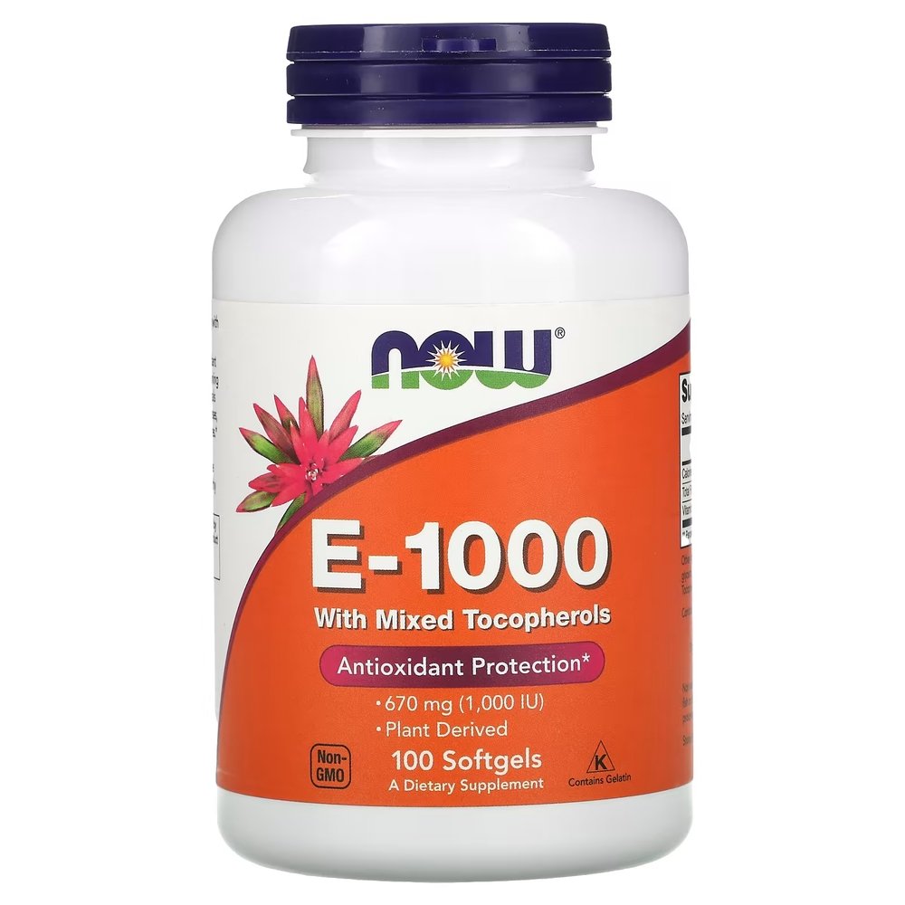 Витамины и минералы NOW Vitamin E-1000 with Mixed Tocopherols, 100 капсул,  ml, Now. Vitamins and minerals. General Health Immunity enhancement 