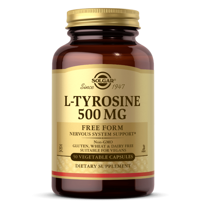 L-Тирозин, L-Tyrosine, Solgar, 500 мг, 50 вегетарианских капсул,  мл, Solgar. L-тирозин. 
