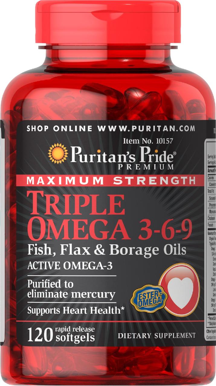 Puritan's Pride Омега 3-6-9 Puritan's Pride Puritan's Pride Maximum Strength Triple Omega 3-6-9 Fish  Flax & Borage Oils (120 капс) пуристанс прайд, , 120 