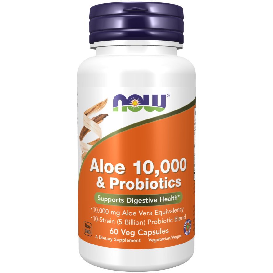 Натуральная добавка NOW Aloe 10000 &amp; Probiotics, 60 вегакапсул,  мл, Now. Hатуральные продукты. Поддержание здоровья 