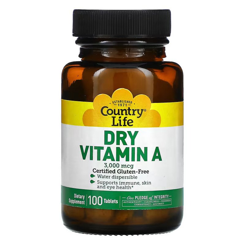 Витамины и минералы Country Life Dry Vitamin A 10000 IU, 100 таблеток,  ml, Country Life. Vitamins and minerals. General Health Immunity enhancement 