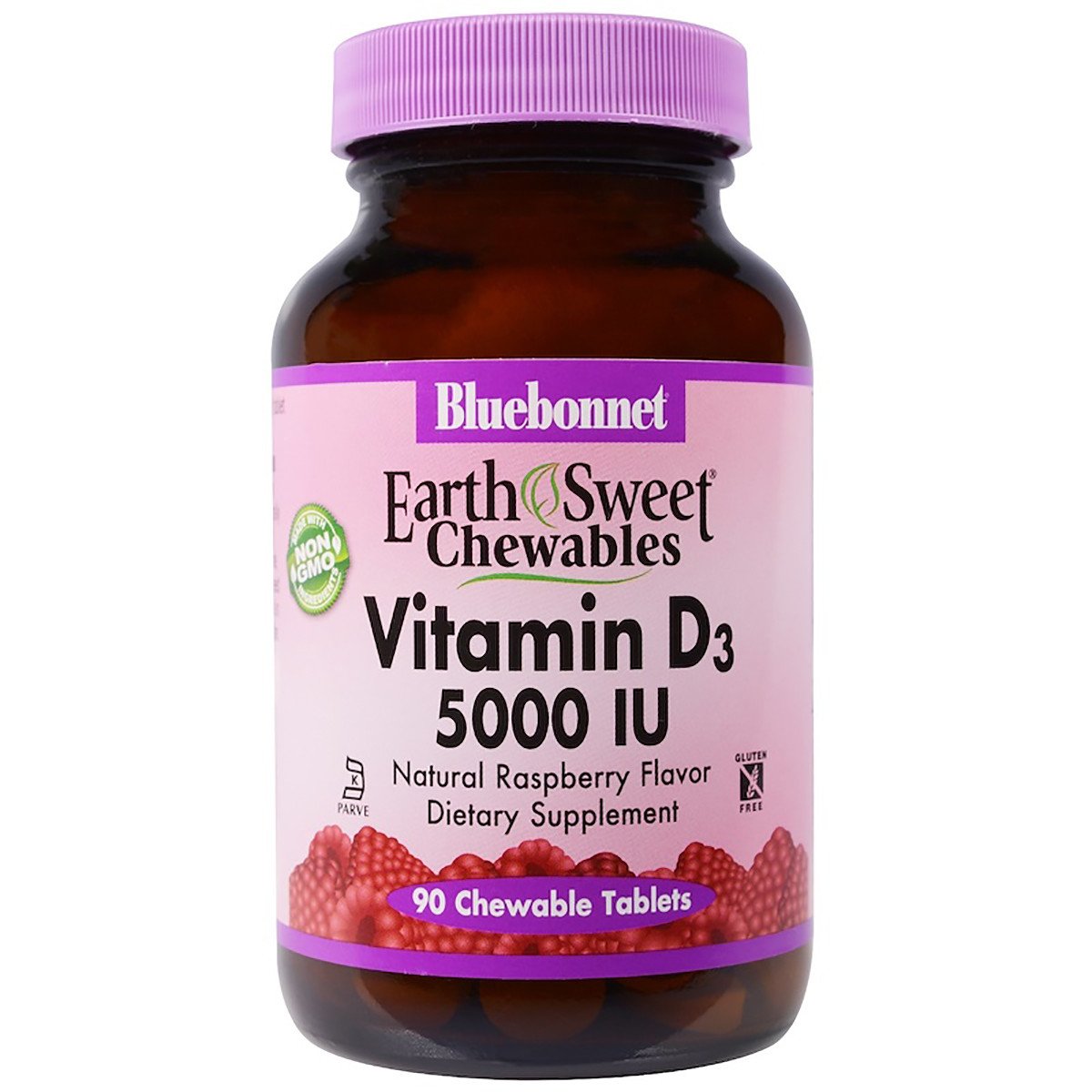 Витамин D3 5000IU, Вкус Малины, Earth Sweet Chewables, Bluebonnet Nutrition, 90 жев. таб.,  мл, Bluebonnet Nutrition. Витамин D. 