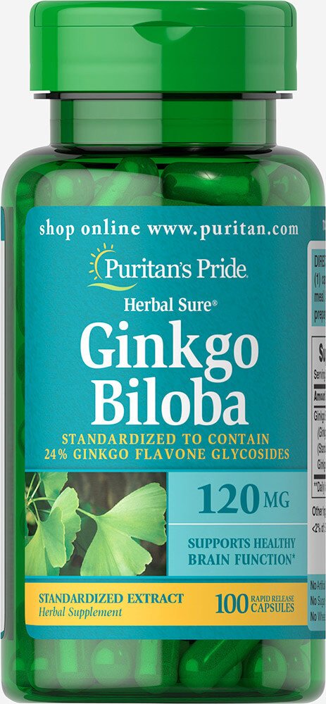 Puritan's Pride Ginkgo Biloba Standardized Extract 120 mg, 100 капсул, , 100 