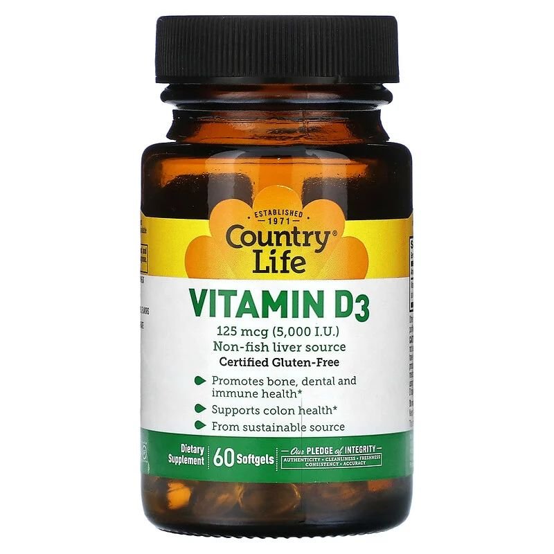 Витамины и минералы Country Life Vitamin D3 5000 IU, 60 капсул,  мл, Country Life. Витамины и минералы. Поддержание здоровья Укрепление иммунитета 