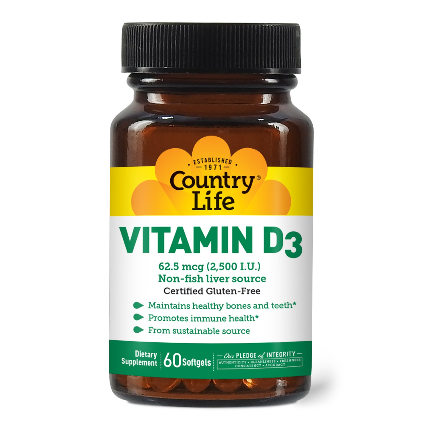 Витамины и минералы Country Life Vitamin D3 2500 IU, 60 капсул,  ml, Country Life. Vitamins and minerals. General Health Immunity enhancement 