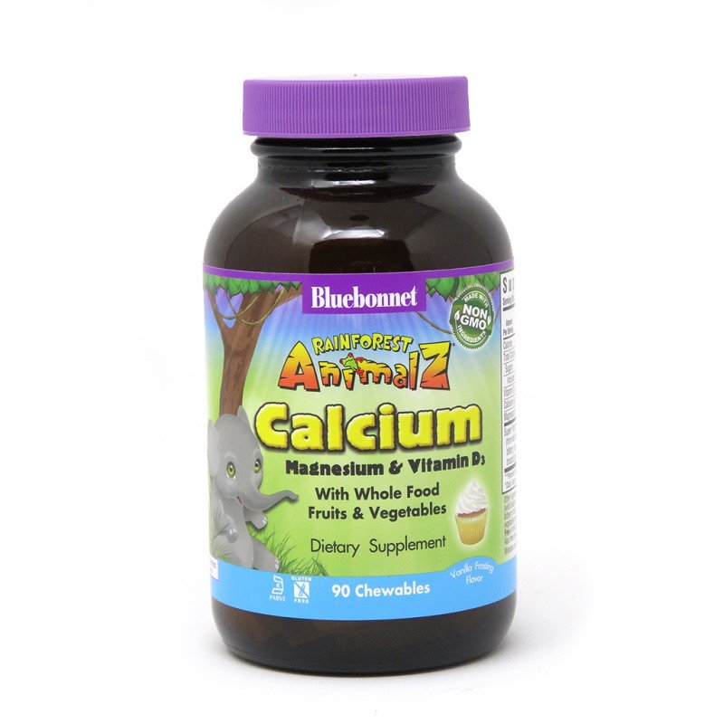 Витамины и минералы Bluebonnet Rainforest Animalz Calcium Magnesium Vitamin D3, 90 жеват.таблеток,  ml, Bluebonnet Nutrition. Vitamins and minerals. General Health Immunity enhancement 