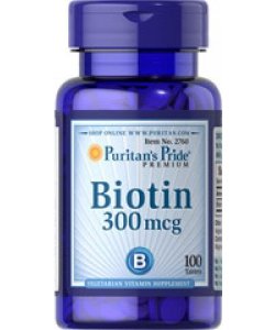 Biotin 300 mcg, 100 шт, Puritan's Pride. Биотин. Снижение веса Поддержание здоровья Здоровье кожи Укрепление волос и ногтей Ускорение метаболизма 