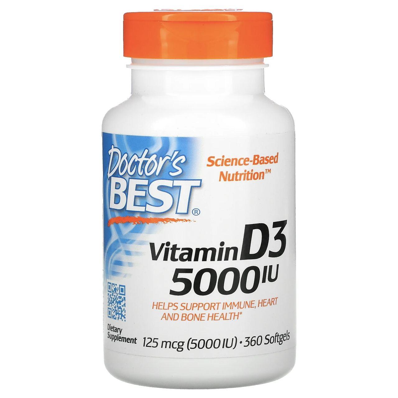 Doctor's Best Vitamin D3 125 mcg (5000 IU) 360 Softgels,  мл, Doctor's BEST. Витамины и минералы. Поддержание здоровья Укрепление иммунитета 