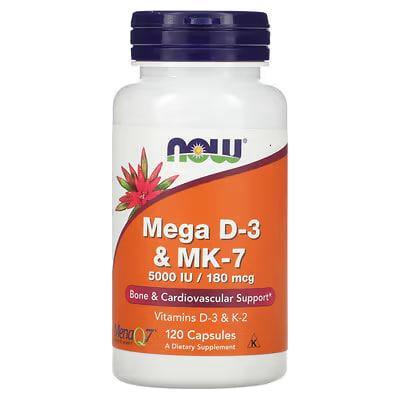 NOW Foods Mega D-3 & MK-7 5000 IU / 180 mcg 120 VCaps,  мл, Now. Витамины и минералы. Поддержание здоровья Укрепление иммунитета 