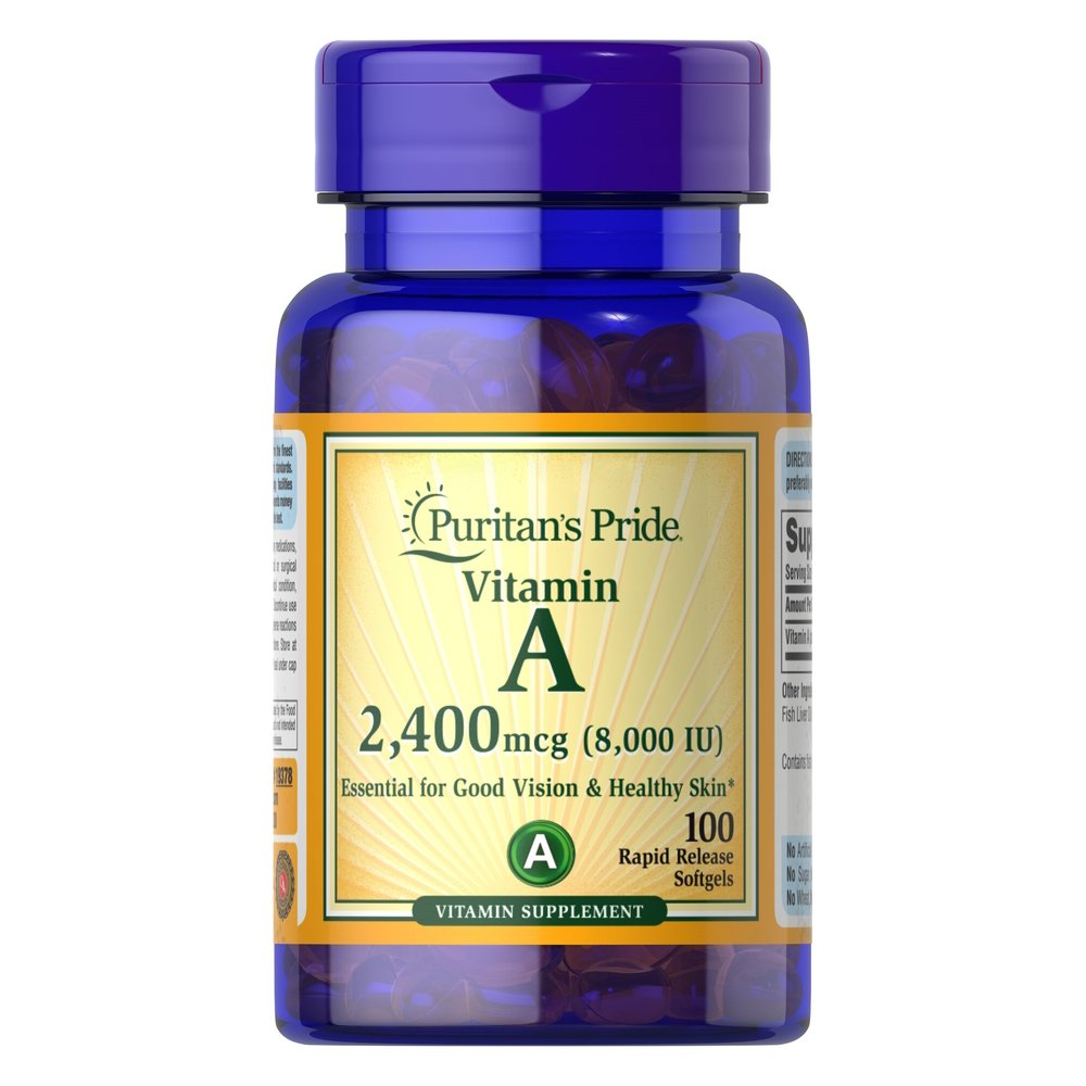 Витамины и минералы Puritan's Pride Vitamin A 8000 IU (2400 mcg), 100 капсул,  ml, Puritan's Pride. Vitamins and minerals. General Health Immunity enhancement 