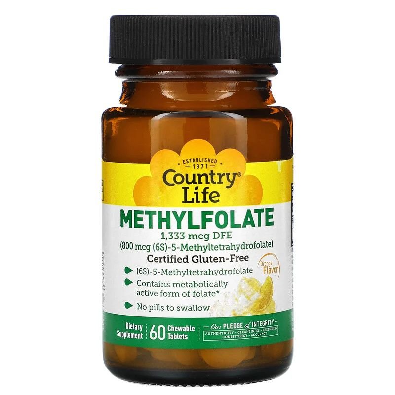 Country Life Витамины и минералы Country Life Methylfolate 800 mcg, 60 жевательных таблеток Апельсин, , 