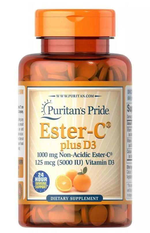 Витамин C Puritan's Pride Vitamin C-1000 mg Ester-C Plus Vitamin D-3 5000 IU 60 таблеток,  мл, Puritan's Pride. Витамин C. Поддержание здоровья Укрепление иммунитета 