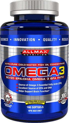 Omega 3, 180 pcs, AllMax. Omega 3 (Fish Oil). General Health Ligament and Joint strengthening Skin health CVD Prevention Anti-inflammatory properties 