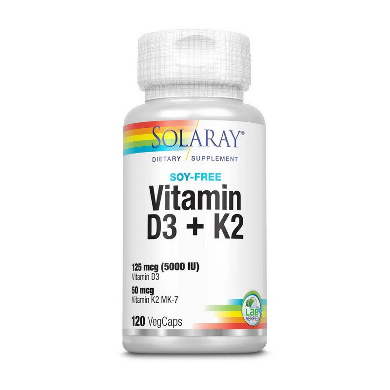 Solaray Витамин Д3 + К2 Solaray Vitamin D3+K2 soy free 120 капсул, , 