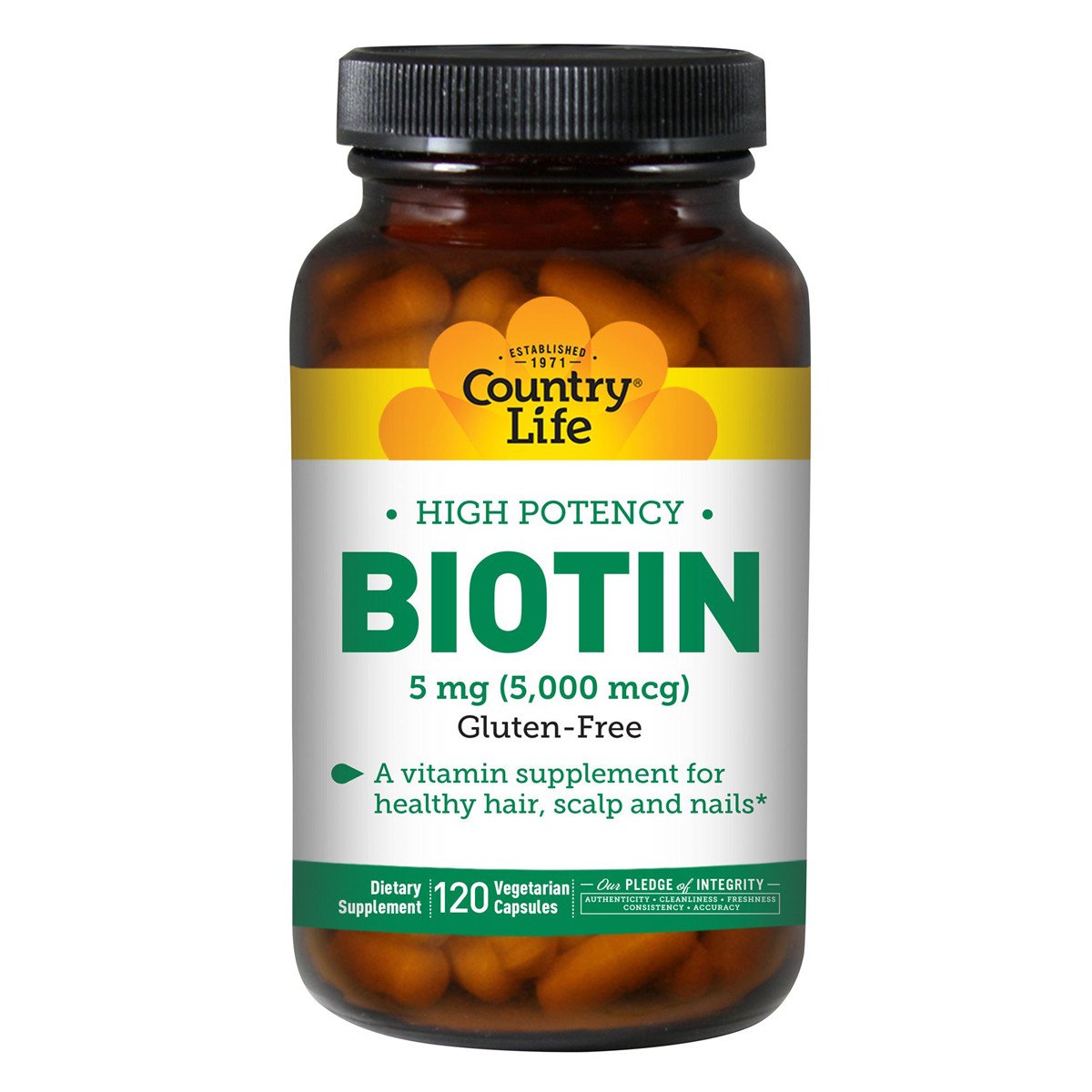 Country Life Концентрированный Биотин (В7), 5 мг, High Potency Biotin, Country Life, 120 желатиновых капсул, , 
