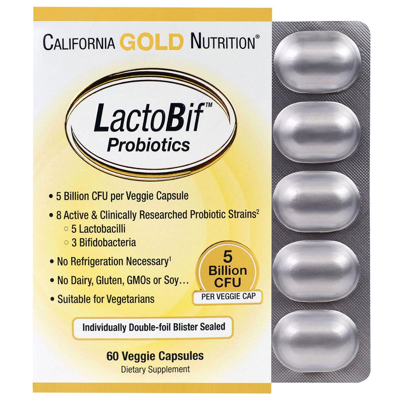Пробіотики California Gold Nutrition LactoBif Probiotics 5 Billion CFU 60 VCaps,  ml, California Gold Nutrition. Suplementos especiales. 