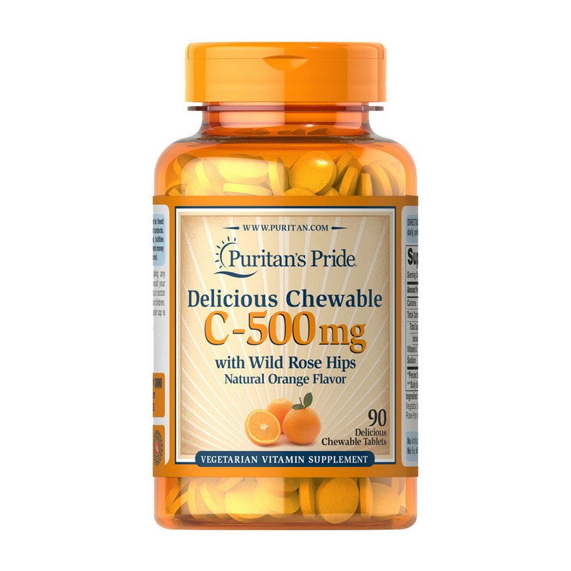 Puritan's Pride Витамин С Puritan's Pride Chewable Vitamin C-500 mg with Wild Rose Hips (90 жувачке) пуританс прайд апельсин, , 90 