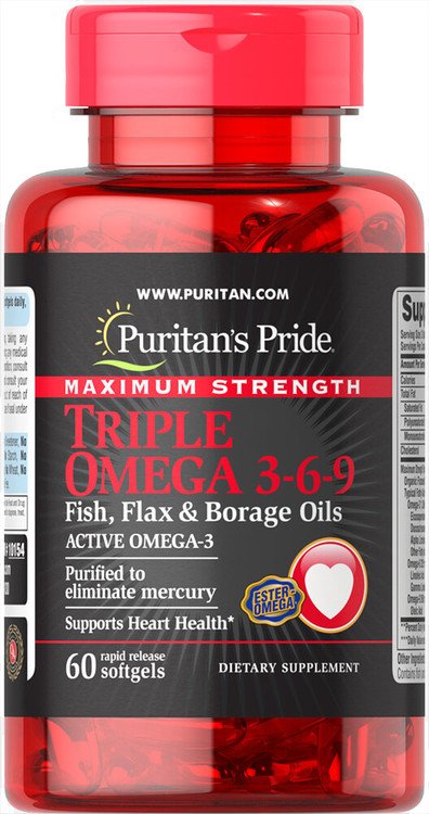 Жирні кислоти Puritan's Pride Triple Omega 3 6 9 Fish Flax Borage Oils 60 Softgels,  ml, Puritan's Pride. Omega 3 (Aceite de pescado). General Health Ligament and Joint strengthening Skin health CVD Prevention Anti-inflammatory properties 
