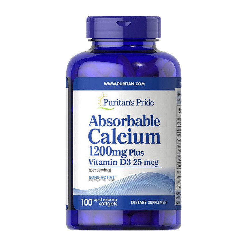 Puritan's Pride Absorbable Calcium 1200 mg Plus Vitamin D3 25 mcg 100 Caps,  мл, Puritan's Pride. Витамины и минералы. Поддержание здоровья Укрепление иммунитета 