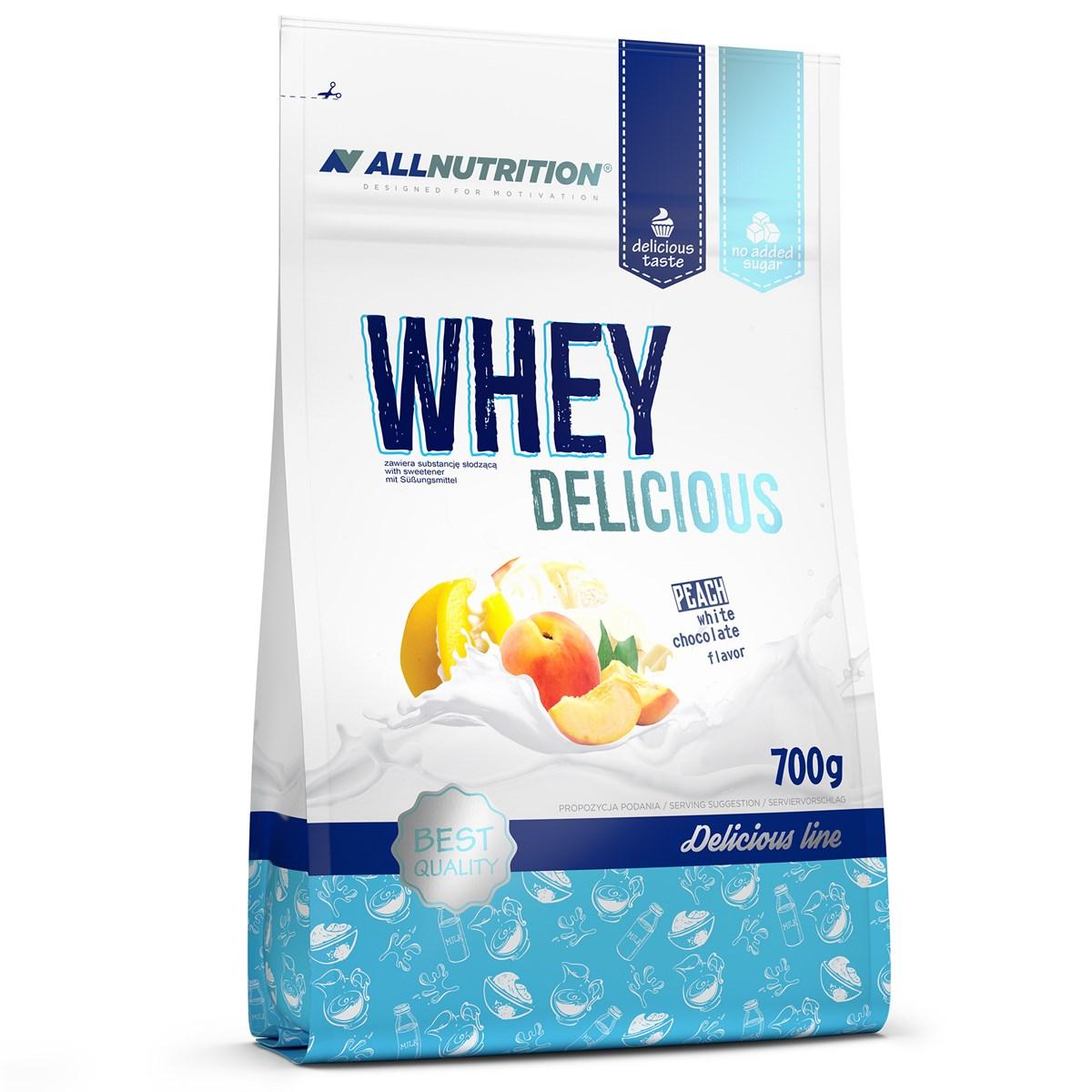 Сывороточный протеин концентрат AllNutrition Whey Delicious (700 г) алл нутришн вей White Chocolate with Peach,  мл, AllNutrition. Сывороточный концентрат. Набор массы Восстановление Антикатаболические свойства 