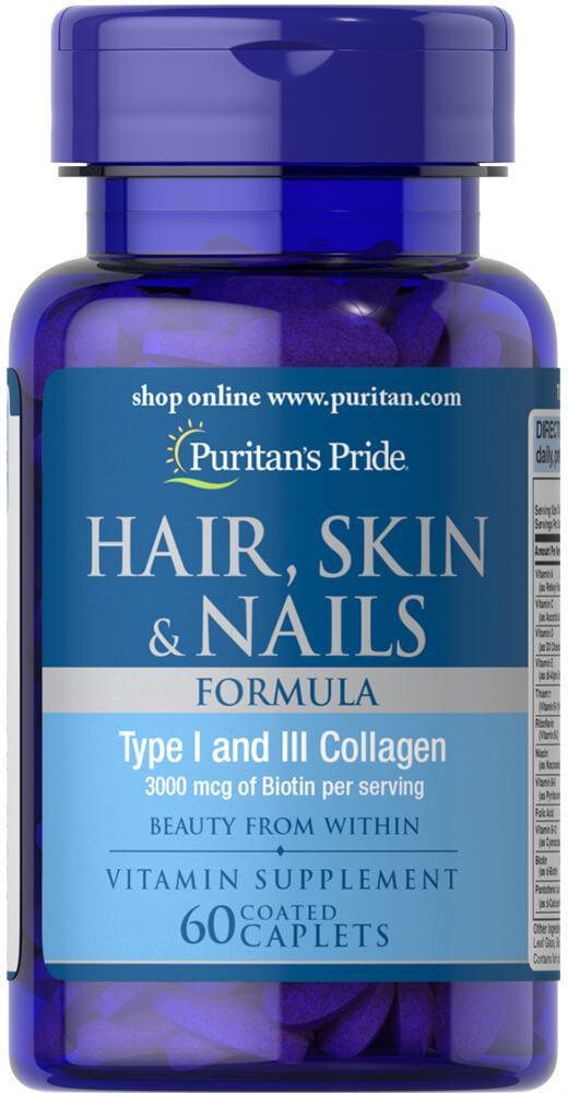 Вітамінно-мінеральний комплекс Puritan's Pride Hair Skin and Nails Formula 1 and 3 type Collagen 60 caps,  мл, Puritan's Pride. Витамины и минералы. Поддержание здоровья Укрепление иммунитета 