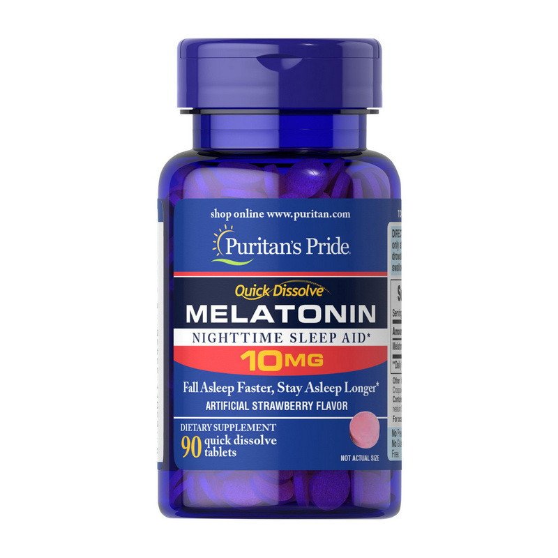 Мелатонин Puritan's Pride Quick Dissolve Melatonin 10 mg (90 tabs, strawberry) пуританс прайд,  ml, Puritan's Pride. Melatoninum. Improving sleep recovery Immunity enhancement General Health 