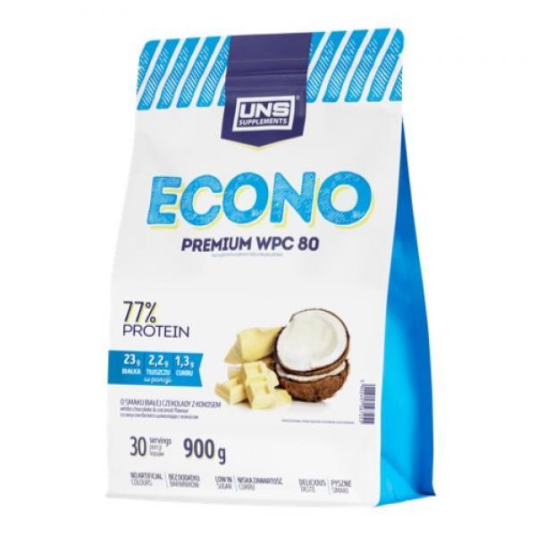 Сывороточный протеин концентрат UNS Econo Premium (900 г) юнс White Chocolate Coconut,  мл, UNS. Сывороточный концентрат. Набор массы Восстановление Антикатаболические свойства 