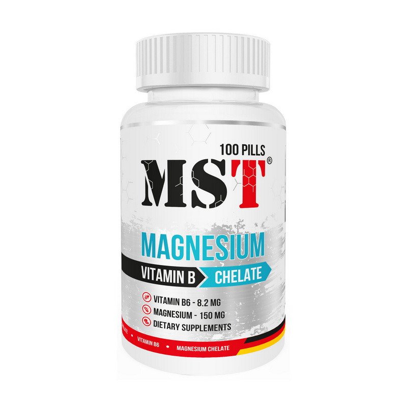 Магний хелат MST Magnesium Chelate Vitamin B 100 таблеток,  ml, MST Nutrition. Magnesium Mg. General Health Lowering cholesterol Preventing fatigue 