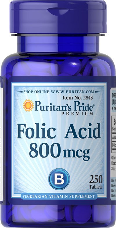 Folic Acid 800 mcg, 250 pcs, Puritan's Pride. Folic acid. General Health 