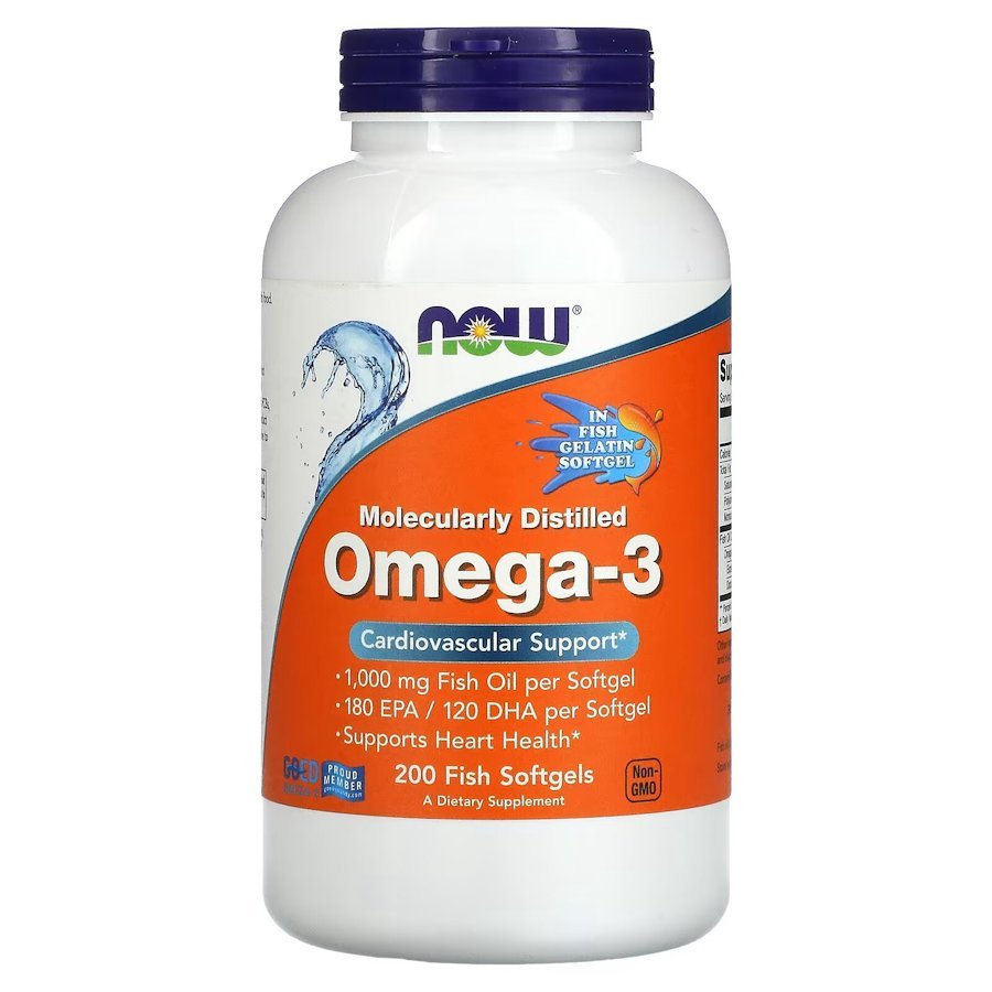 Жирные кислоты NOW Omega-3 1000 mg, 200 рыбных капсул,  мл, Now. Жирные кислоты (Omega). Поддержание здоровья 