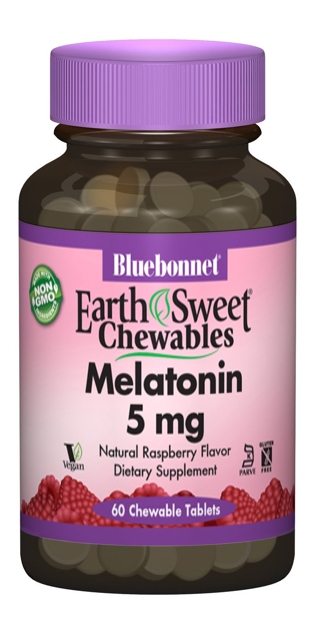 Bluebonnet Nutrition Мелатонин 5мг, Вкус Малины, Earth Sweet Chewables, Bluebonnet Nutrition, 60 жевательных таблеток, , 60 