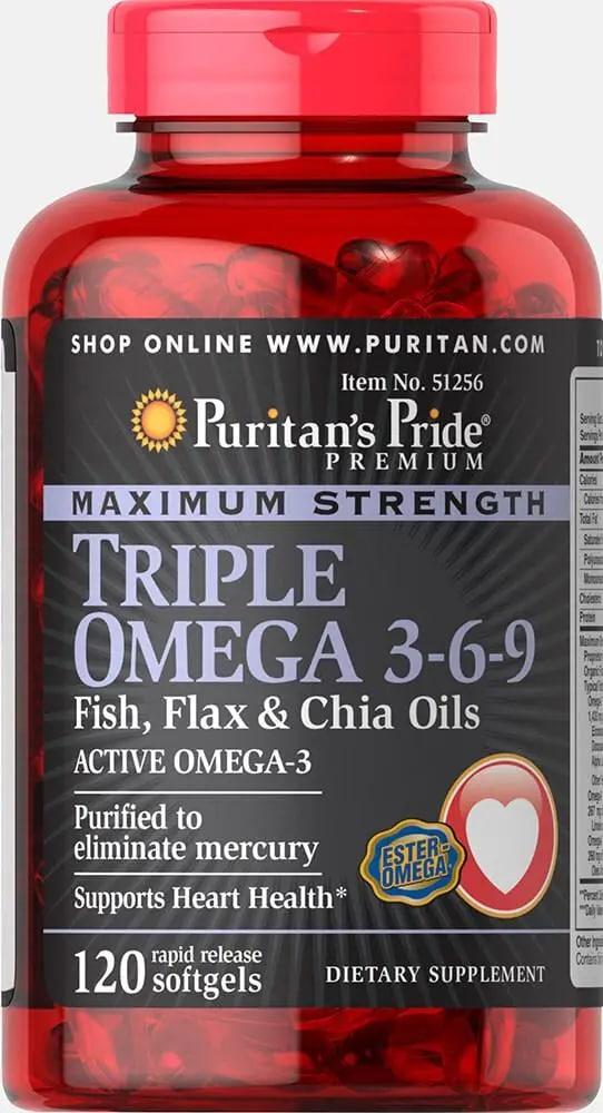 Жирні кислоти Puritan's Pride Triple Omega 3 6 9 Fish Flax Borage Oils 120 Softgels,  ml, Puritan's Pride. Omega 3 (Aceite de pescado). General Health Ligament and Joint strengthening Skin health CVD Prevention Anti-inflammatory properties 