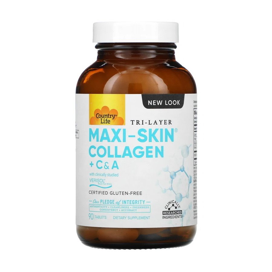 Для суставов и связок Country Life Maxi-Skin Collagen + C &amp; A, 90 таблеток,  мл, Country Life. Хондропротекторы. Поддержание здоровья Укрепление суставов и связок 