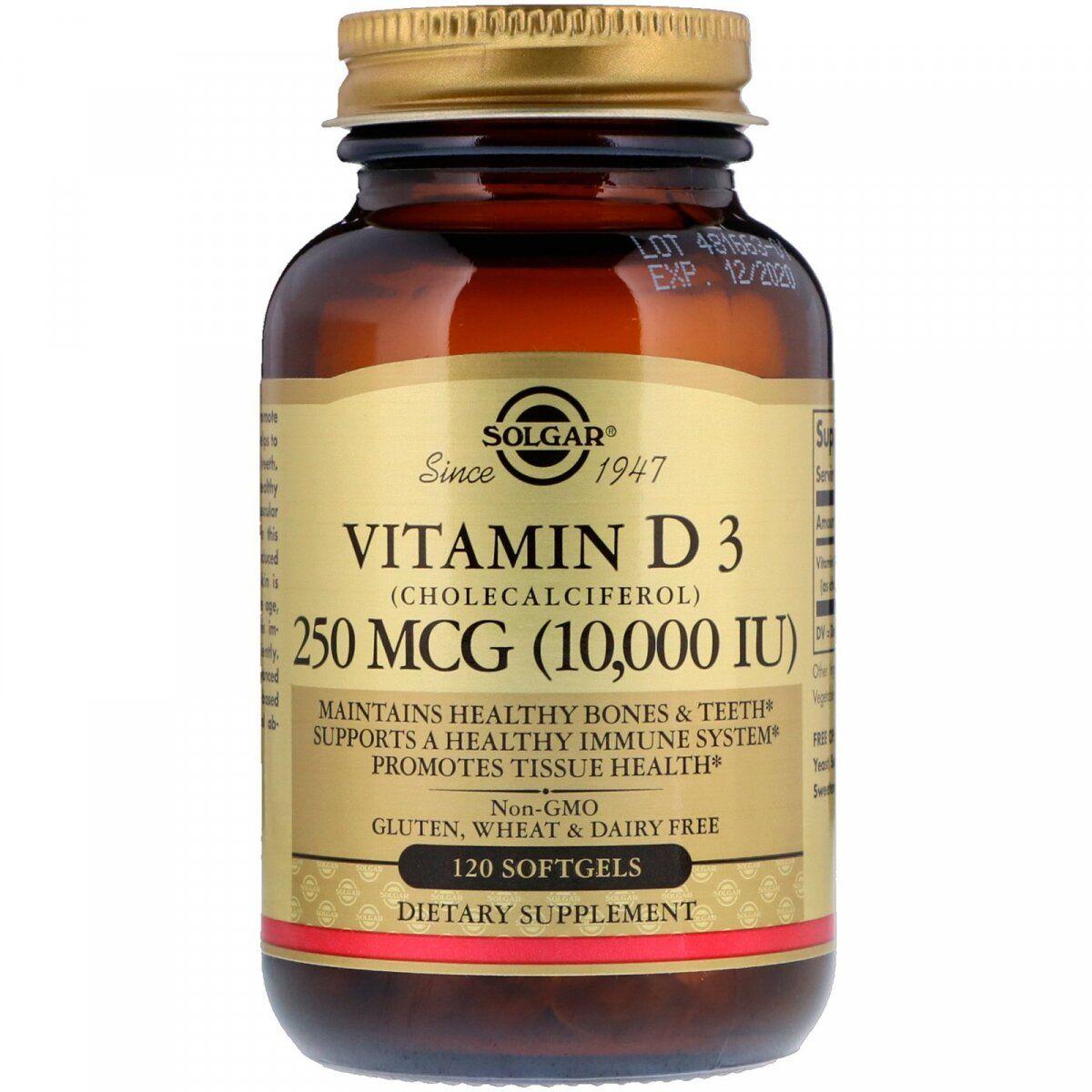 Solgar Vitamin D3 (Cholecalciferol) 250 mcg (10,000 IU) 120 Softgels,  мл, Solgar. Витамины и минералы. Поддержание здоровья Укрепление иммунитета 